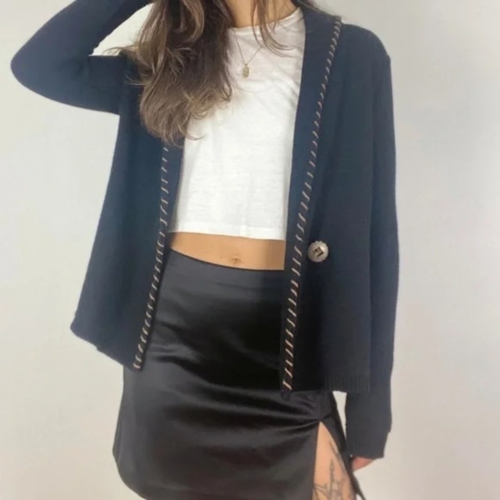LAUREN RALPH LAUREN Black Linen Blend Cardigan with leather embellishments L